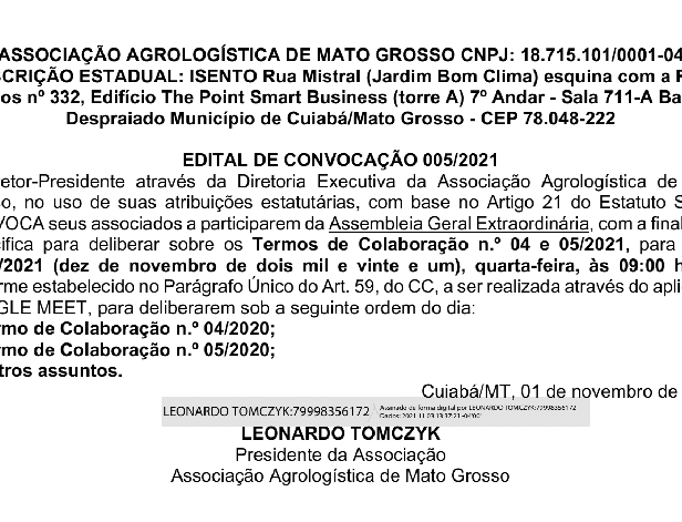 EDITAL DE CONVOCAÇÃO 005/2021