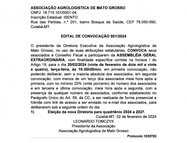 EDITAL DE CONVOCAÇÃO 001/2024