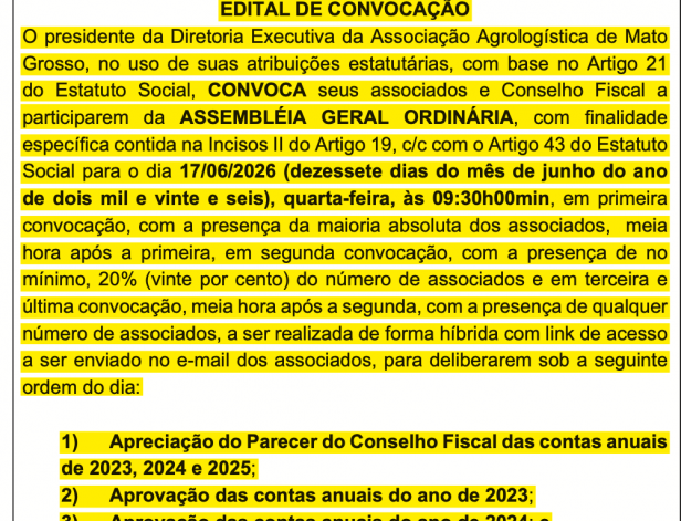 Edital de Convocação Assembléia geral dia 17/0/2026