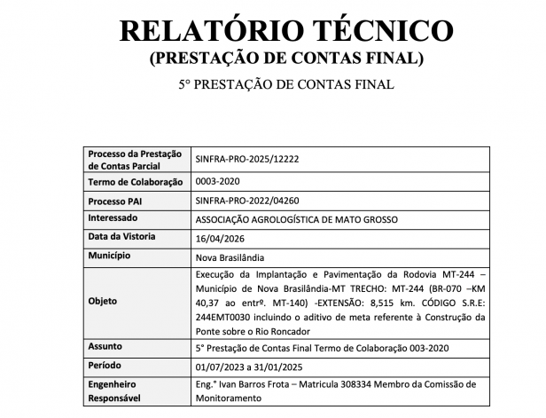 RELATÓRIO TÉCNICO - PRESTAÇÃO DE CONTAS FINAL - 5° PRESTAÇÃO DE CONTAS FINAL